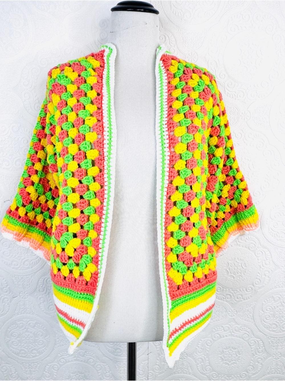 New Crocheted Hexigon Handmade Open Cardigan Sweater Bright Colors Festival M-L